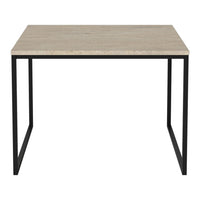 Light gray tabletop with a natural stone finish paired with a sleek black metal frame. Modern and minimalistic design.