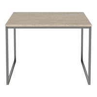 Light wood tabletop with a smooth finish, complemented by sleek gray metal legs. Modern, minimalist design.