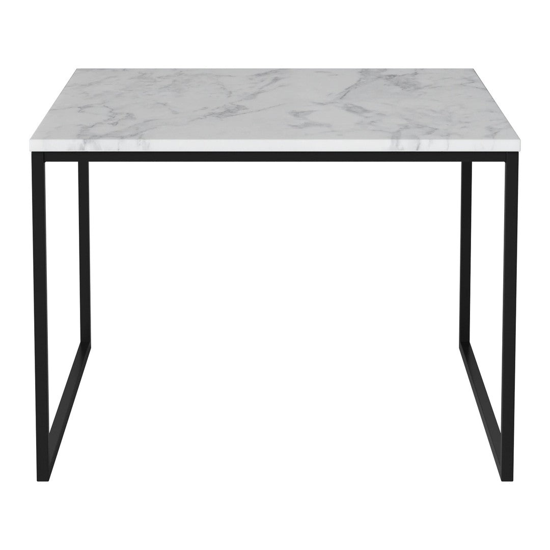 Marble-patterned white tabletop with subtle gray veining, paired with sleek black metal legs.