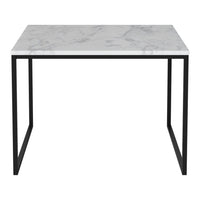 Marble-patterned white tabletop with subtle gray veining, paired with sleek black metal legs.