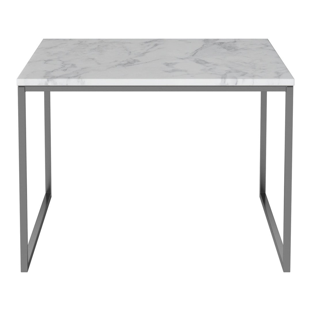 "Rectangular table with a white marble pattern top and sleek gray metal legs for a modern look."