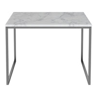 "Rectangular table with a white marble pattern top and sleek gray metal legs for a modern look."