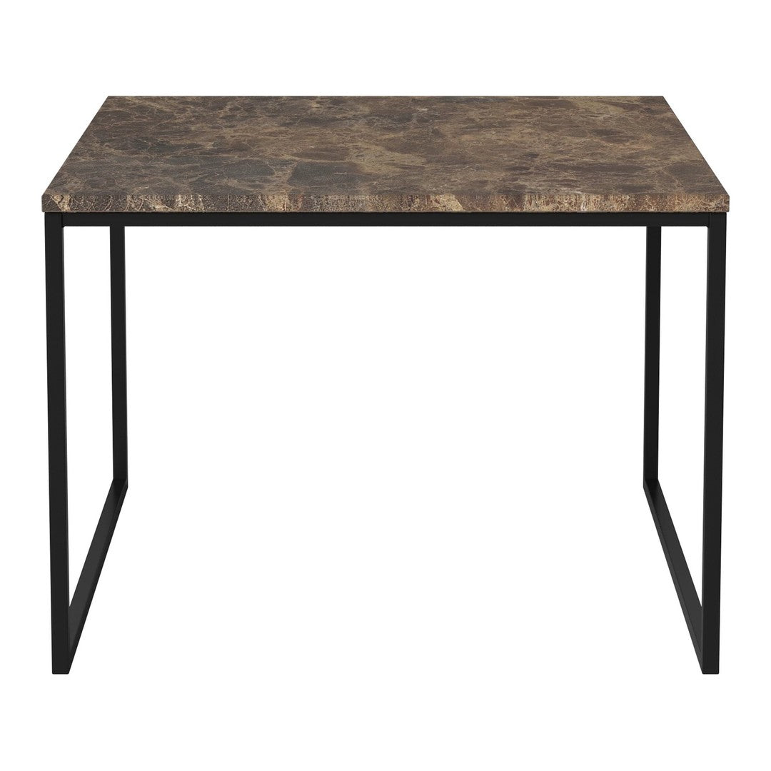 Brown marble-patterned tabletop with a sleek black metal frame, perfect for modern home decor.