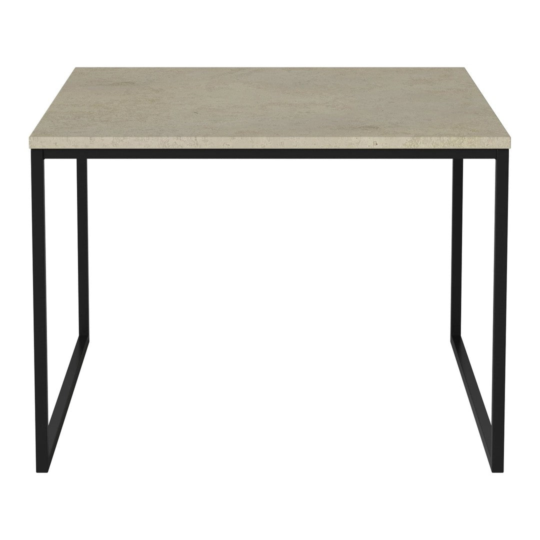 Gray concrete top with a sleek black metal frame, perfect for modern decor.