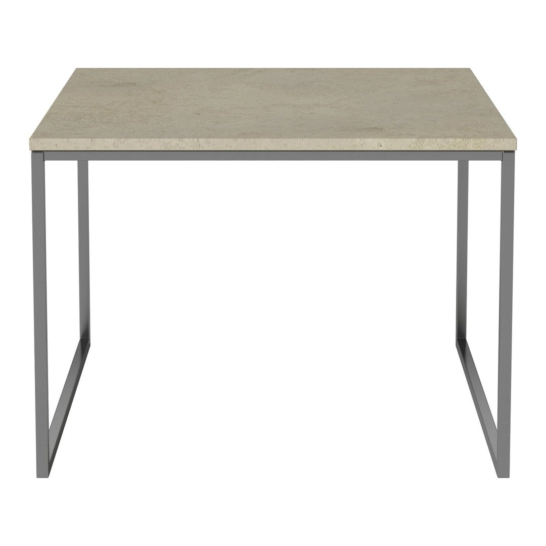 Gray stone tabletop with a minimalist metal frame, featuring a sleek, modern design perfect for any space.