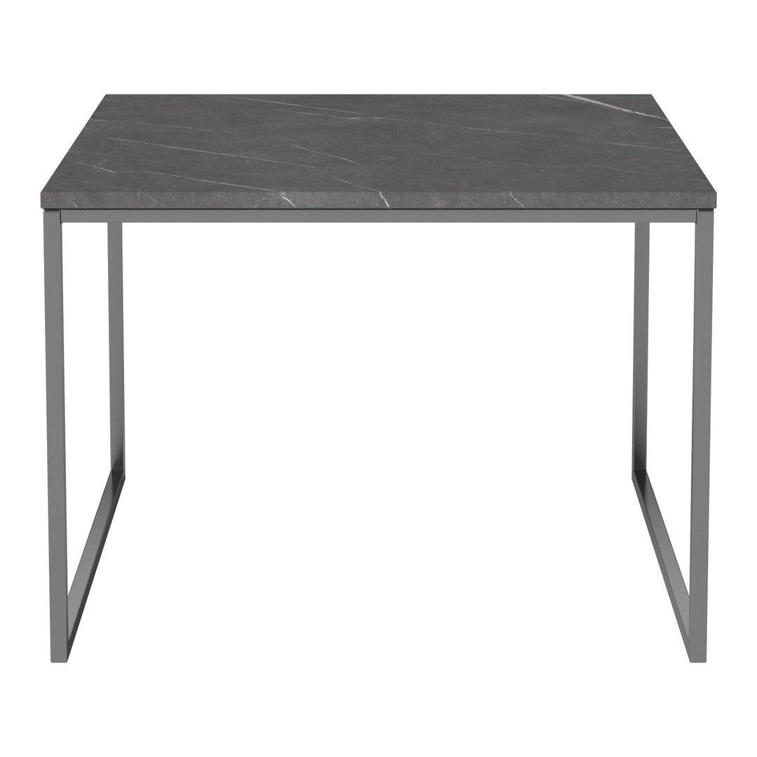 Gray marble tabletop with white veining and sleek metal legs; modern and minimalist design.