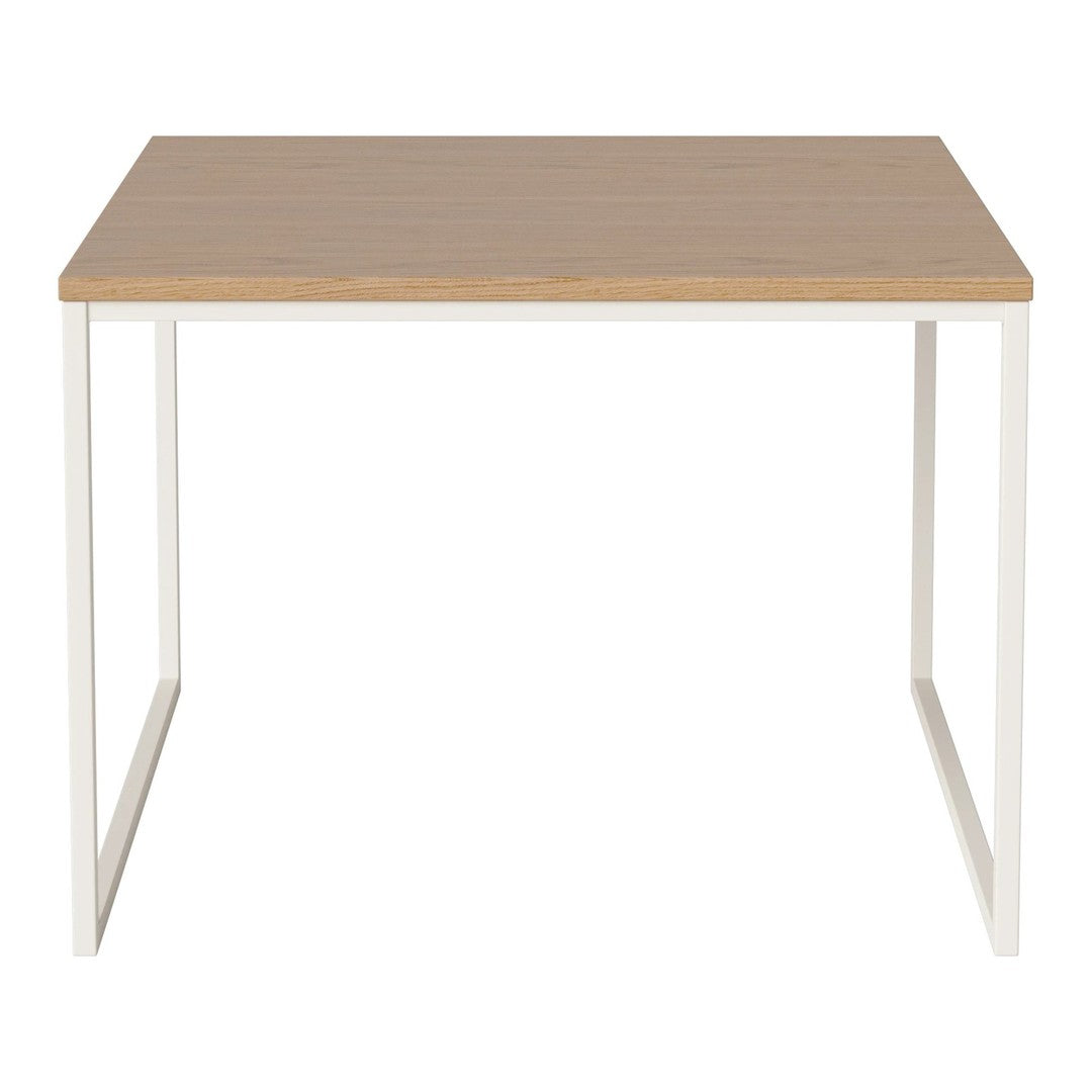 Light oak tabletop with a smooth finish, supported by minimalist white metal legs. Simple, modern design.