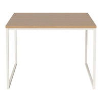 Light oak tabletop with a smooth finish, supported by minimalist white metal legs. Simple, modern design.