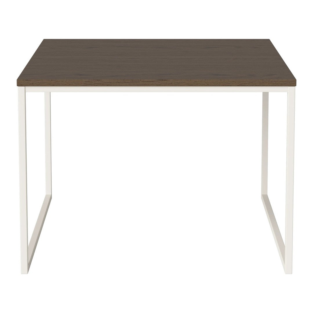 Brown wood tabletop with white metal frame, featuring a sleek, minimalist design. Perfect for modern home decor.