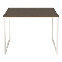 Brown wood tabletop with white metal frame, featuring a sleek, minimalist design. Perfect for modern home decor.