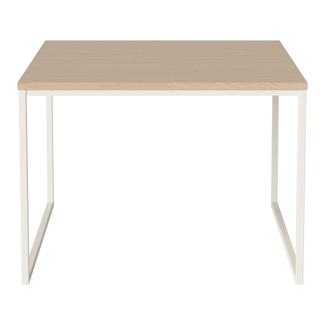 Minimalist natural wood tabletop with a sleek white metal frame, perfect for modern decor.