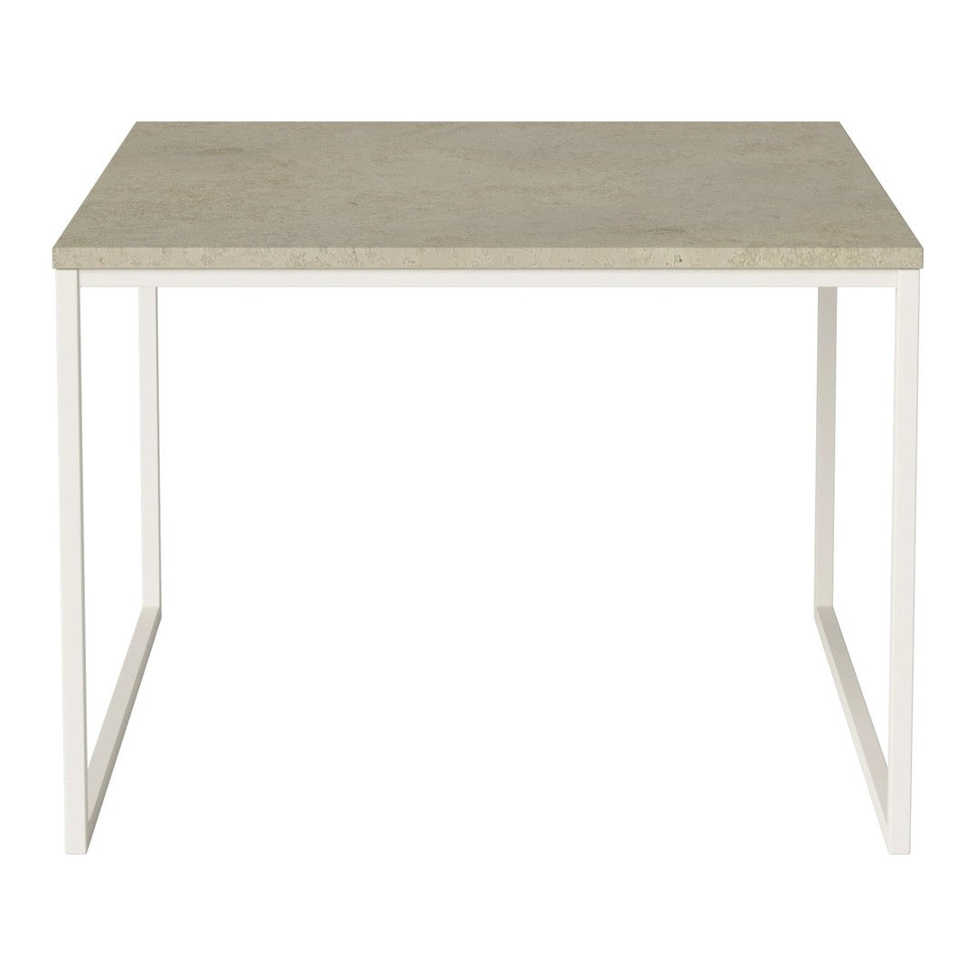 Gray concrete tabletop with sleek white metal legs, perfect for modern decor. Simple and elegant design.