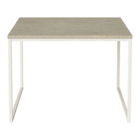Gray concrete tabletop with sleek white metal legs, perfect for modern decor. Simple and elegant design.