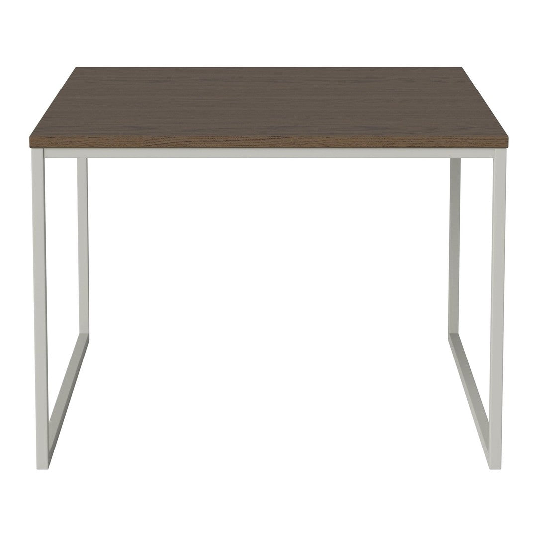 Brown wood tabletop with a smooth finish, paired with sleek white metal legs. Modern, minimalistic design.
