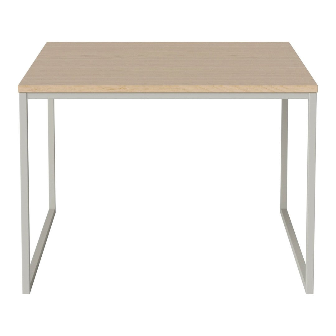 Light wood tabletop with a smooth finish and a sleek silver metal frame, creating a modern minimalist design.