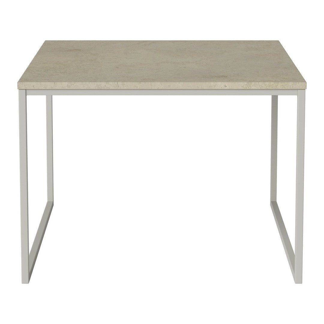 Light gray tabletop with a smooth finish and minimalist white metal legs. Ideal for modern decor.
