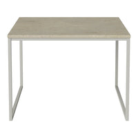 Light gray tabletop with a smooth finish and minimalist white metal legs. Ideal for modern decor.