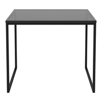 Modern black metal frame table with a sleek, glossy gray tabletop, perfect for minimalist decor.