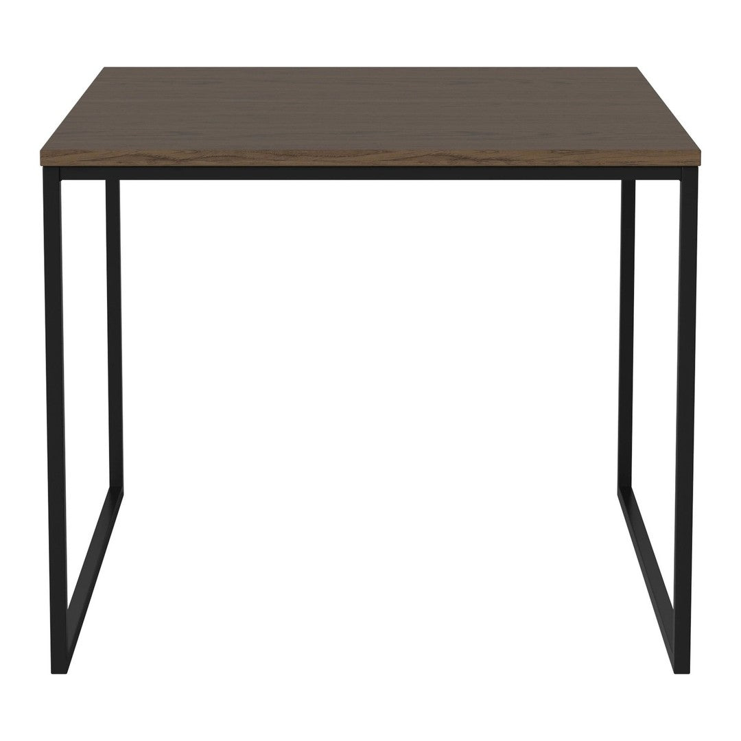 Square table with a rustic wood top and sleek black metal legs, perfect for modern decor.