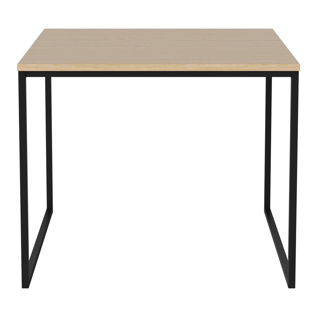 "Light wood tabletop with a smooth finish and black metal frame, showcasing a modern, minimalist style."