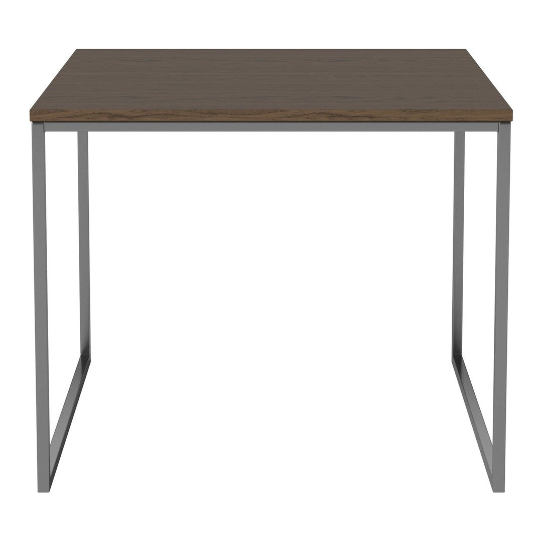 Modern brown wood tabletop with a sleek silver metal frame, perfect for minimalistic decor.