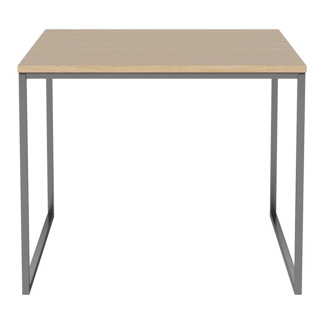 Light wood tabletop with a smooth finish, complemented by sleek gray metal legs. Minimalist design with clean lines.