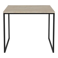 Beige textured tabletop with black metal frame. Modern minimalistic design for versatile decor.