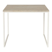 Light beige tabletop with a smooth finish, framed by white metal legs for a modern look.