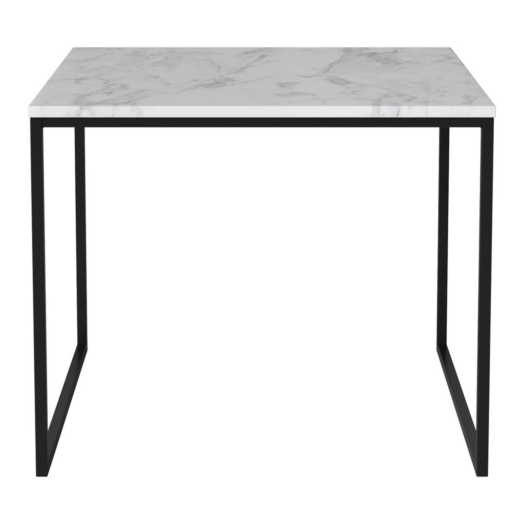 White marble tabletop with gray veining and a sleek black metal frame. Perfect for modern decor.
