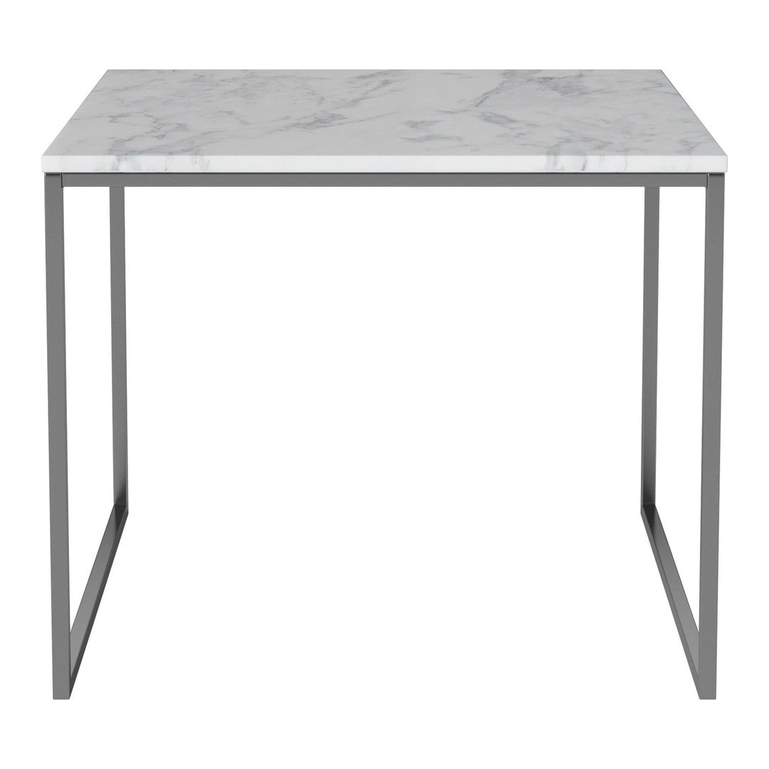 White marble tabletop with gray veining, set on a sleek silver metal frame. Modern and minimalist design.
