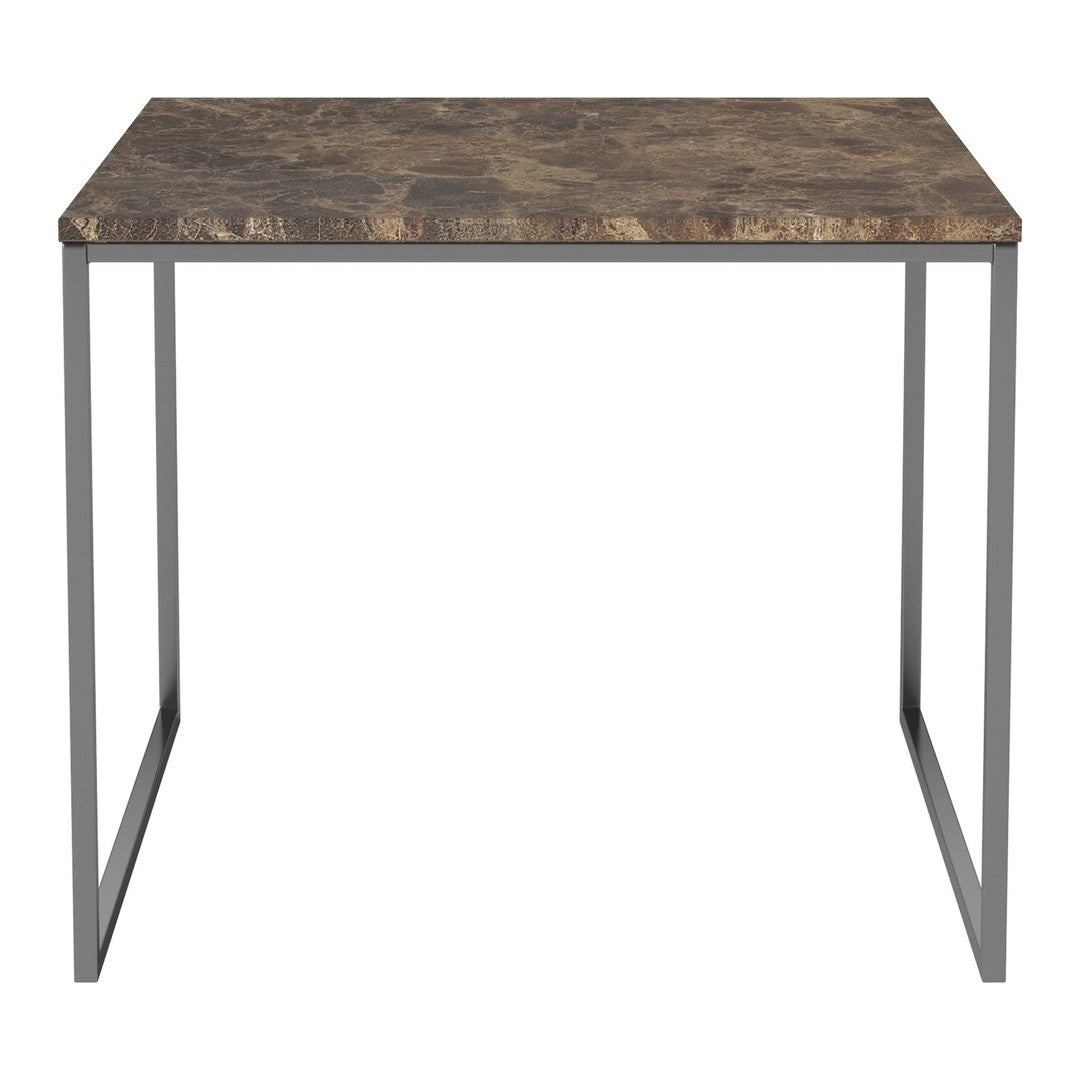 Gray and brown patterned tabletop with a sleek black metal frame for a modern look. Perfect for any space.