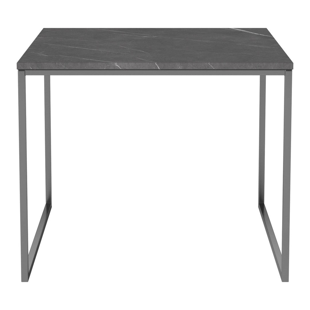 Gray marble tabletop with subtle white veining, supported by a sleek metal frame in a modern design.