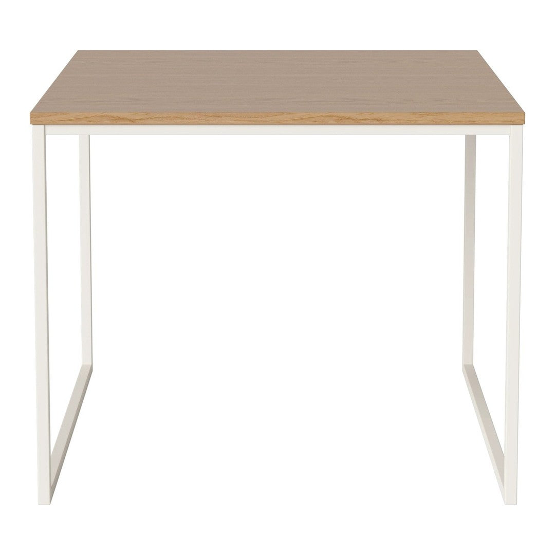 Light wood top with natural grain and white geometric metal legs, perfect for modern decor.