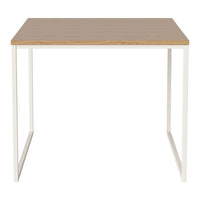 Light wood top with natural grain and white geometric metal legs, perfect for modern decor.