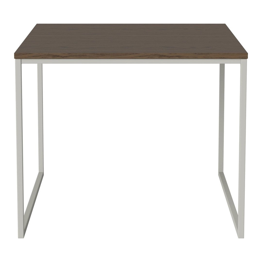 Brown wood tabletop with a sleek white metal frame, featuring a modern minimalist design.