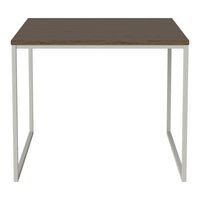 Brown wood tabletop with a sleek white metal frame, featuring a modern minimalist design.