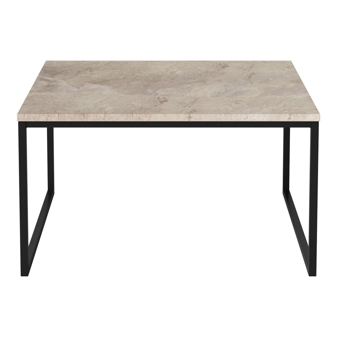 Modern square table with a light gray marble top and sleek black metal legs. Perfect for contemporary decor.