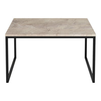 Modern square table with a light gray marble top and sleek black metal legs. Perfect for contemporary decor.