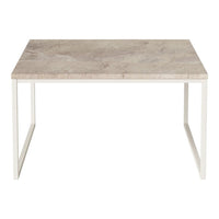Square table with a light beige patterned surface and white metal legs, perfect for modern decor.