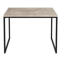 Light beige marble tabletop with subtle veining; sleek black metal legs create a modern contrast.