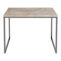 Light beige marble tabletop with subtle veining, paired with a sleek gray metal frame. Perfect for modern decor.