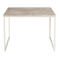 Light beige marble tabletop with subtle veining, paired with a sleek white metal frame. Perfect for modern decor.