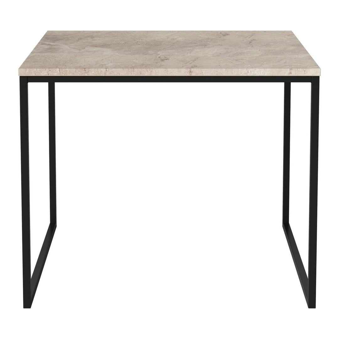 "Square tabletop in light beige with a textured finish and sleek black metal legs."