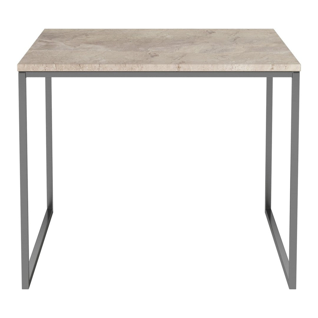 Neutral beige tabletop with a subtle stone pattern, paired with a sleek black metal frame. Ideal for modern decor.