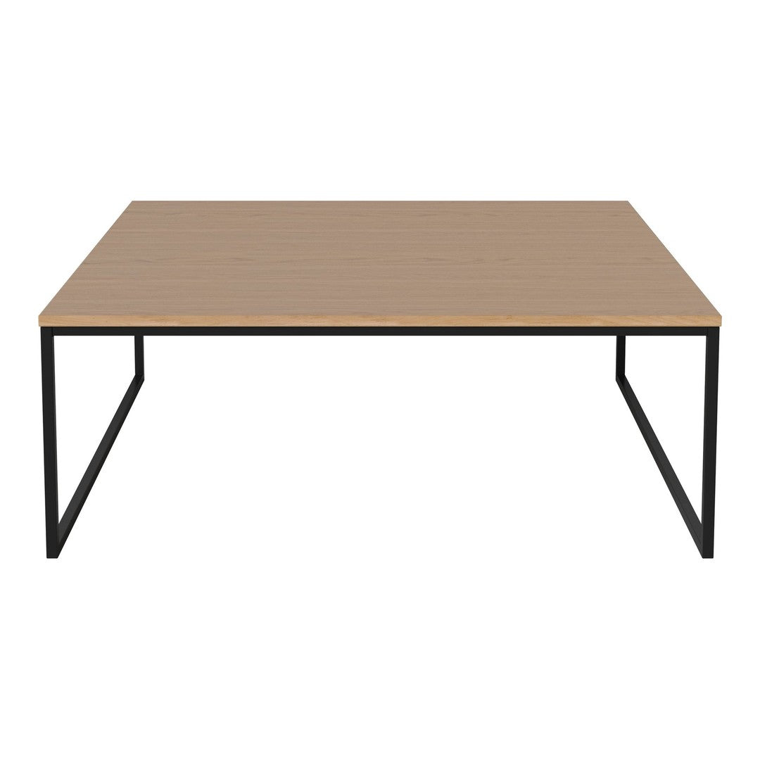 Square tabletop in light wood finish with a sleek black metal frame. Modern, minimalist design, perfect for any space.