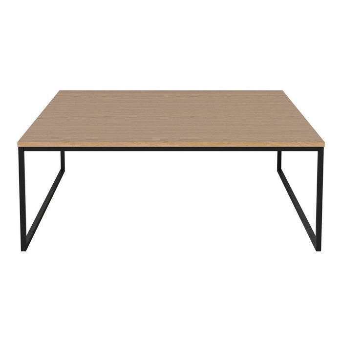 Square tabletop in light wood finish with a sleek black metal frame. Modern, minimalist design, perfect for any space.