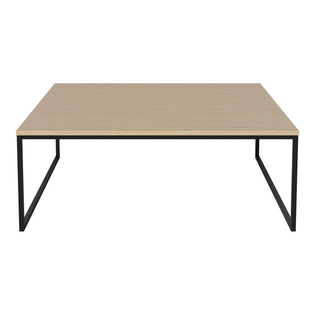 Light wood tabletop with a smooth finish, featuring a sleek black metal frame for a modern, minimalist look.
