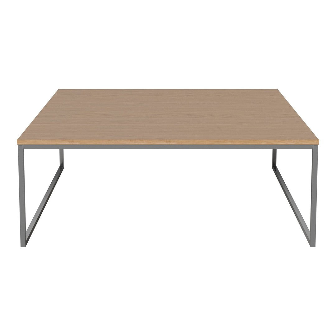 Light brown tabletop with a smooth finish and gray metal frame; modern minimalist design.