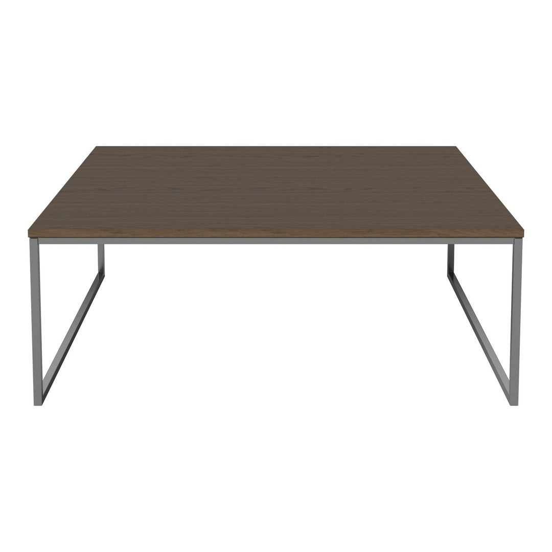 Rectangular coffee table with a dark brown wood surface and sleek silver metal legs. Simple, modern design.