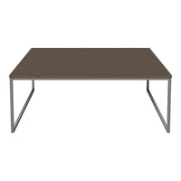 Rectangular coffee table with a dark brown wood surface and sleek silver metal legs. Simple, modern design.